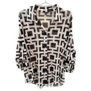 PURE AMICI Sheer Mesh Button Up Blouse • Large • black, white geometric print